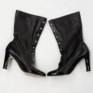 40.5 Chanel Vintage Leather Black Boots Interlocking CC Buttons